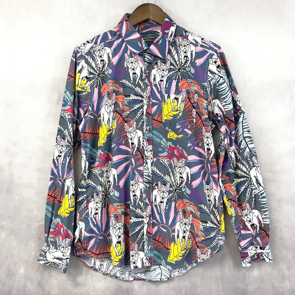 Paisley Gray Frenchie Bulldog Tropical Button Up Shirt Mens L Slim‎ Fit Eclectic